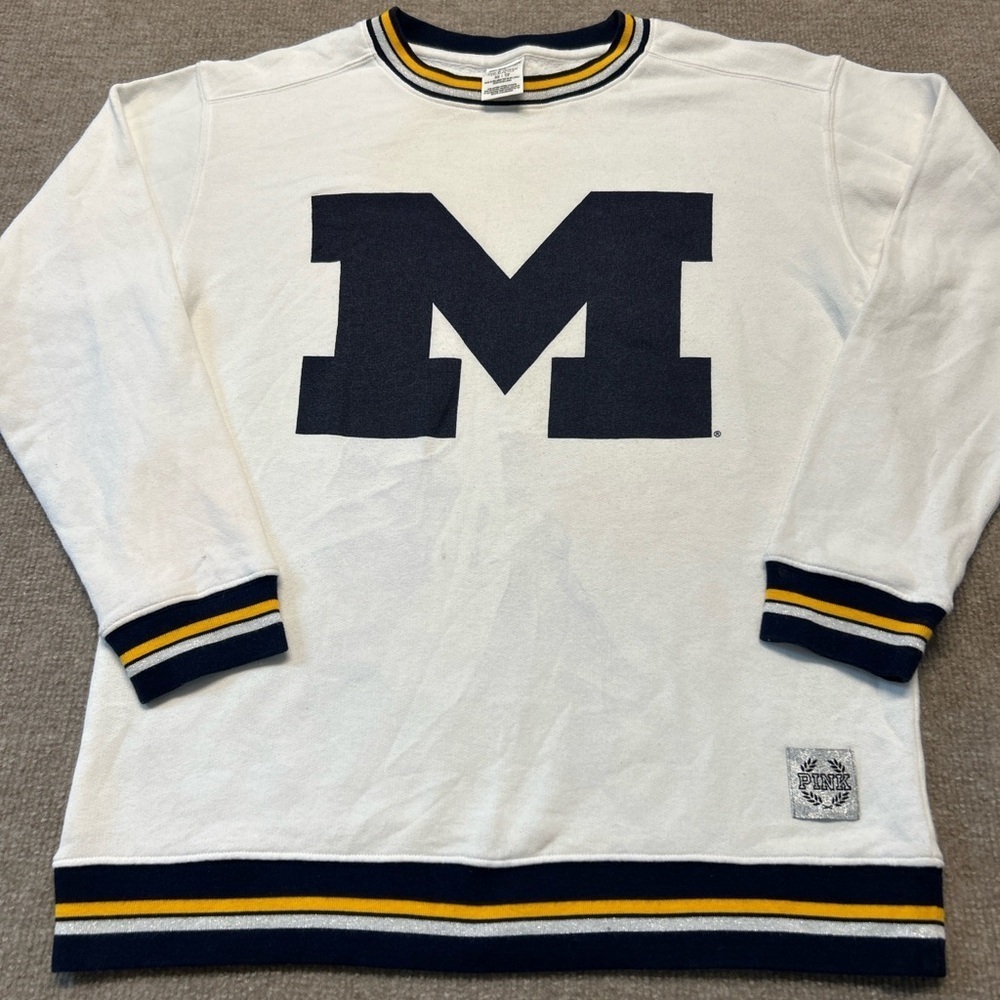 PINK Victoria's Secret White and Navy Crewneck Sweater